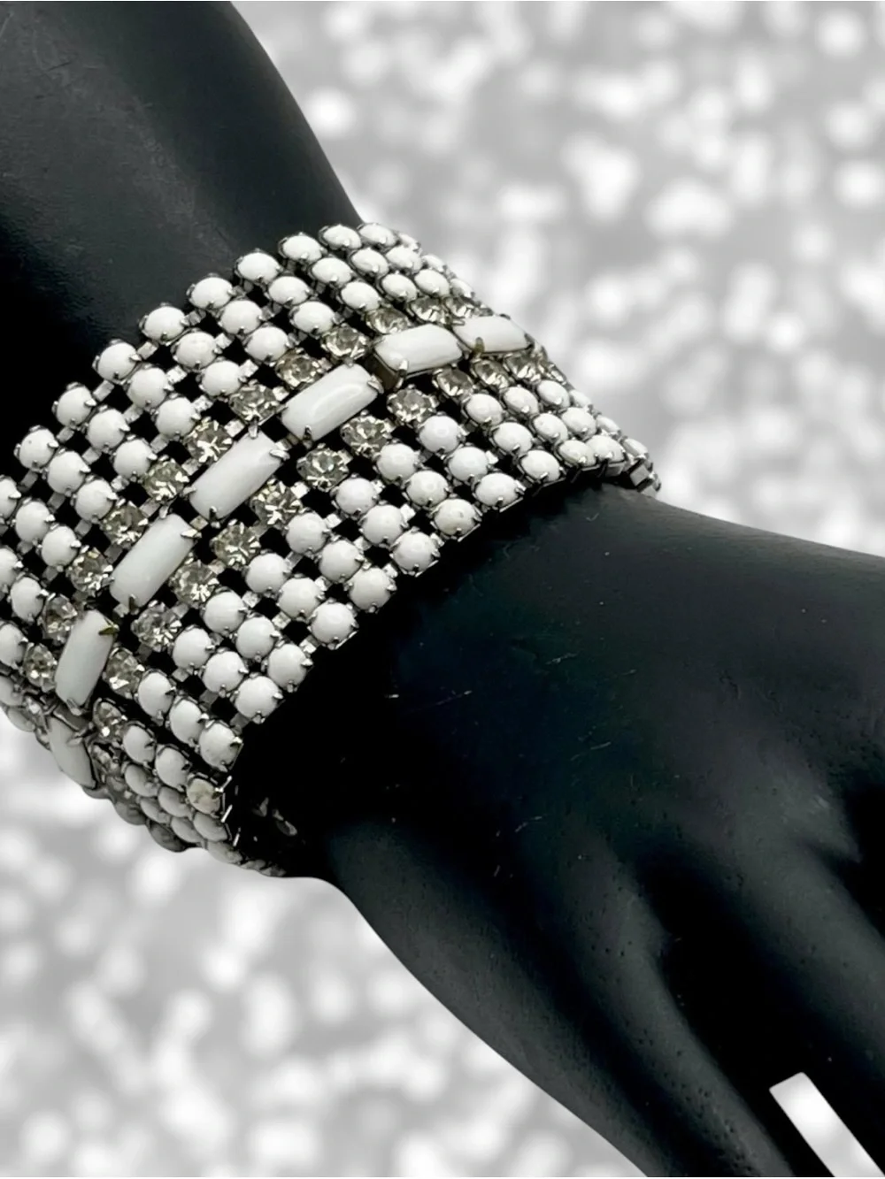 Stunning Vintage MidCentury Milk Glass and Rhinestone Statement Bracelet Estate